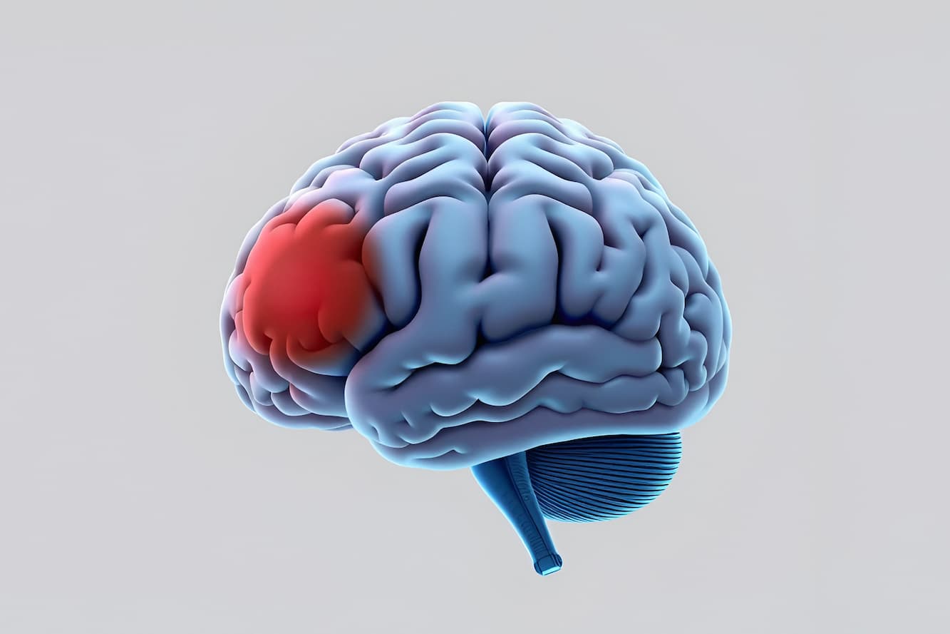 A highly detailed and accurate illustration of a brain with a meningioma tumor on its surface